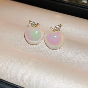 Pearl Apple Earrings - Gold Leaves Rhinestones - NEW